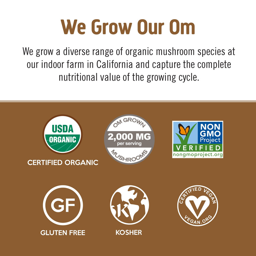 Om Mushroom Superfood Coffee Latte Blend bottle with Chaga for a rich, earthy flavor.