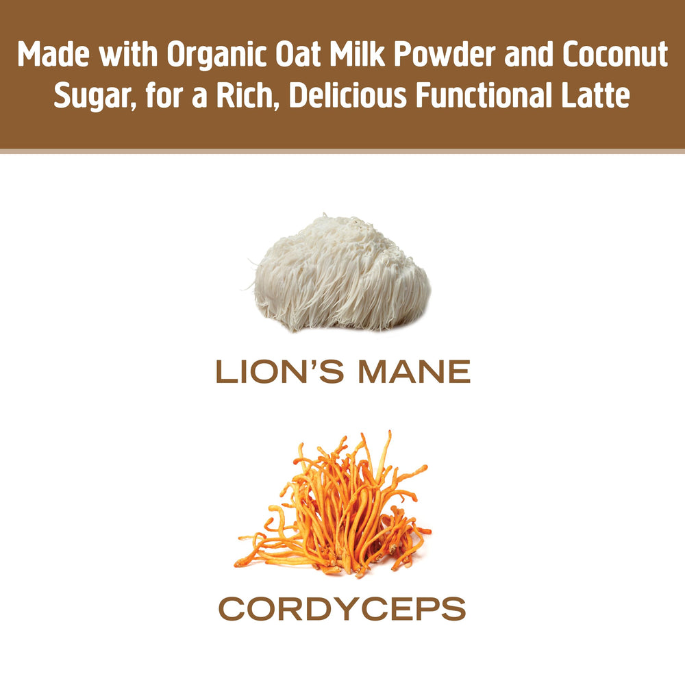 Packaging of Om Mushroom Superfood Coffee Latte Blend 240 g with clear labeling.