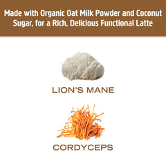 Packaging of Om Mushroom Superfood Coffee Latte Blend 240 g with clear labeling.