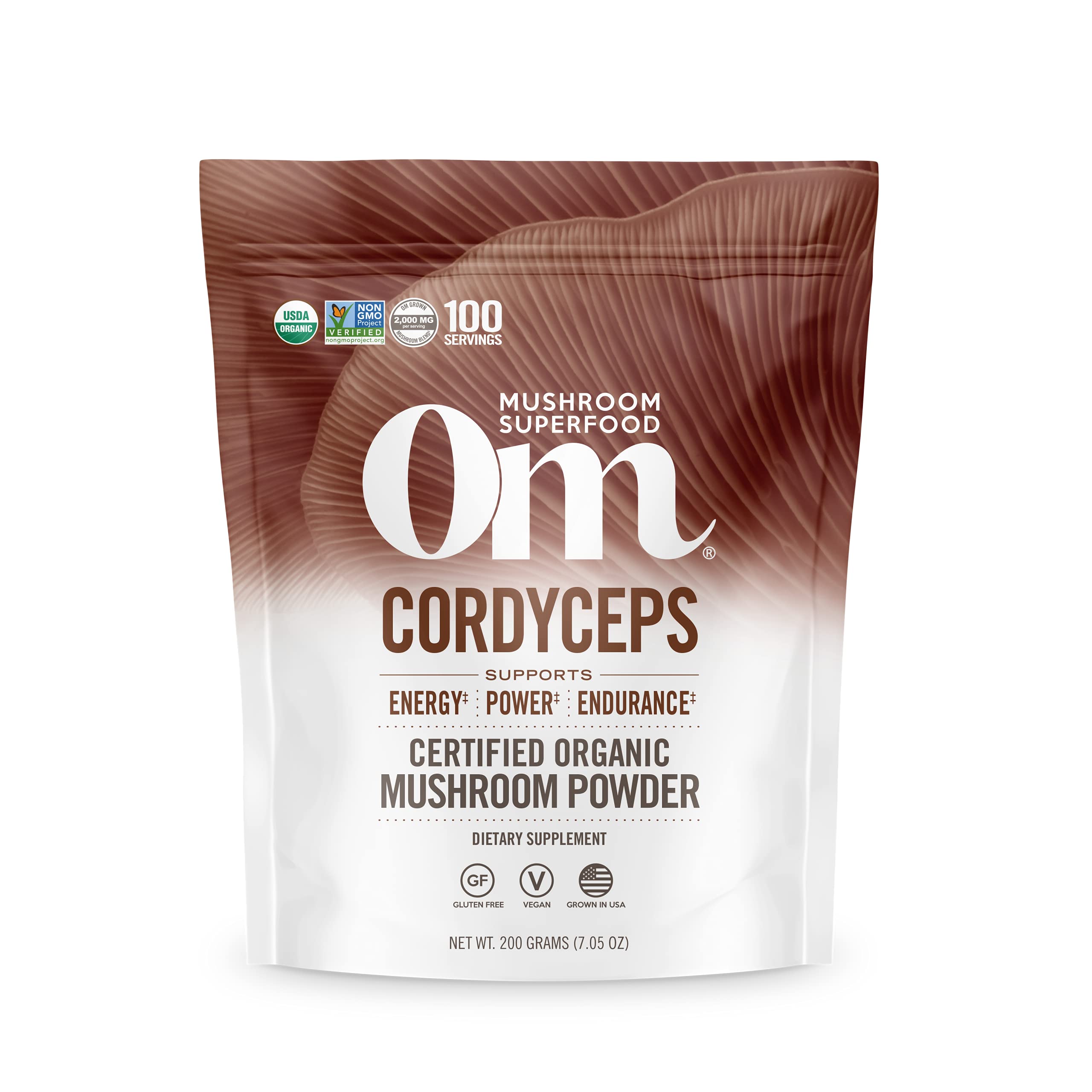OM Mushroom Cordyceps powder bottle showing organic origin and clean energy potential