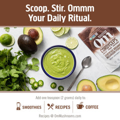 OM Mushroom Cordyceps powder mixed into coffee for versatile energy support