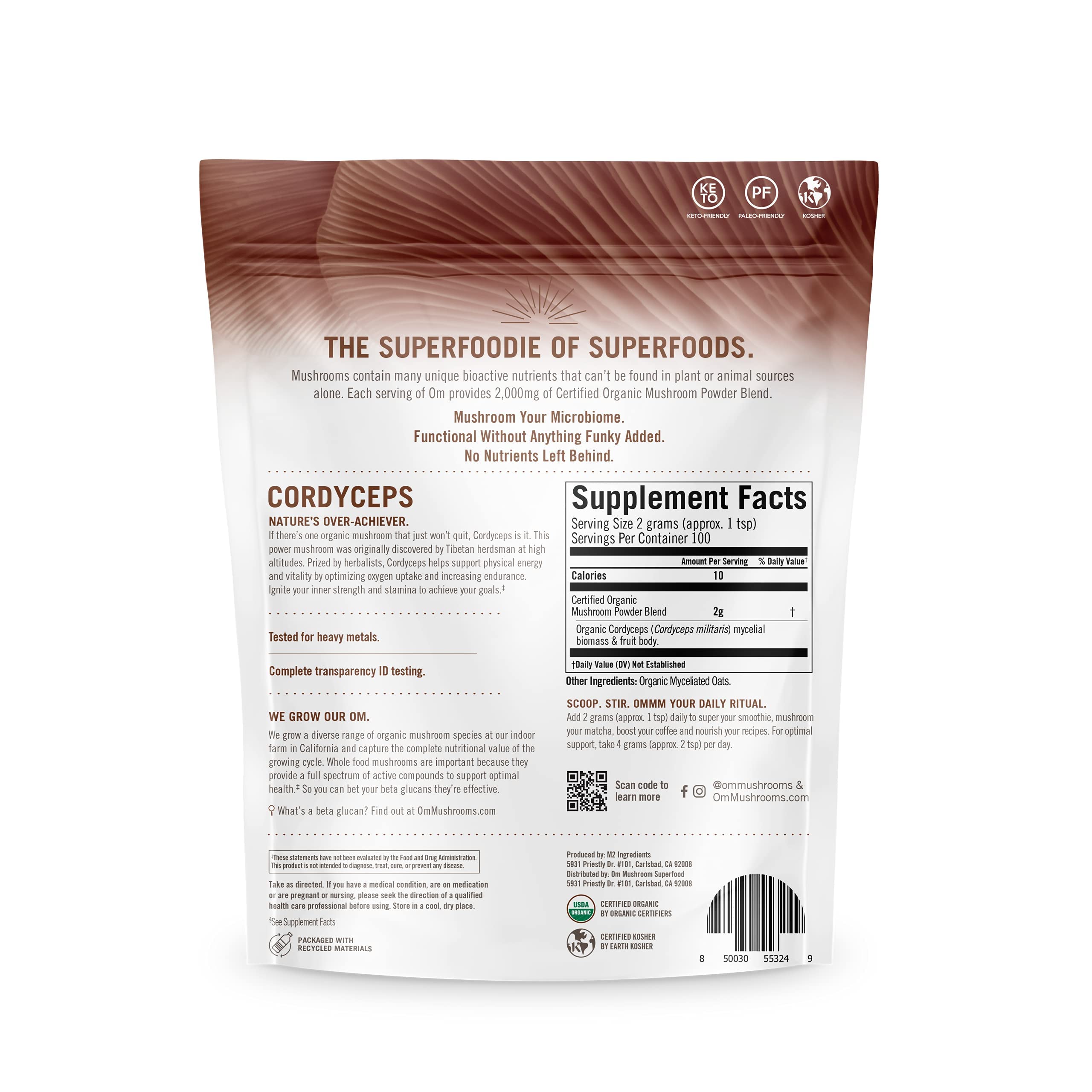 OM Mushroom Cordyceps powder tasting cup suggesting ritual use for focus and vitality