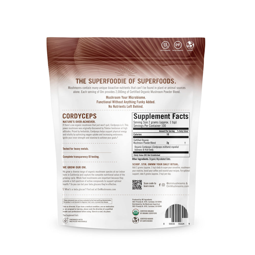 OM Mushroom Cordyceps powder tasting cup suggesting ritual use for focus and vitality
