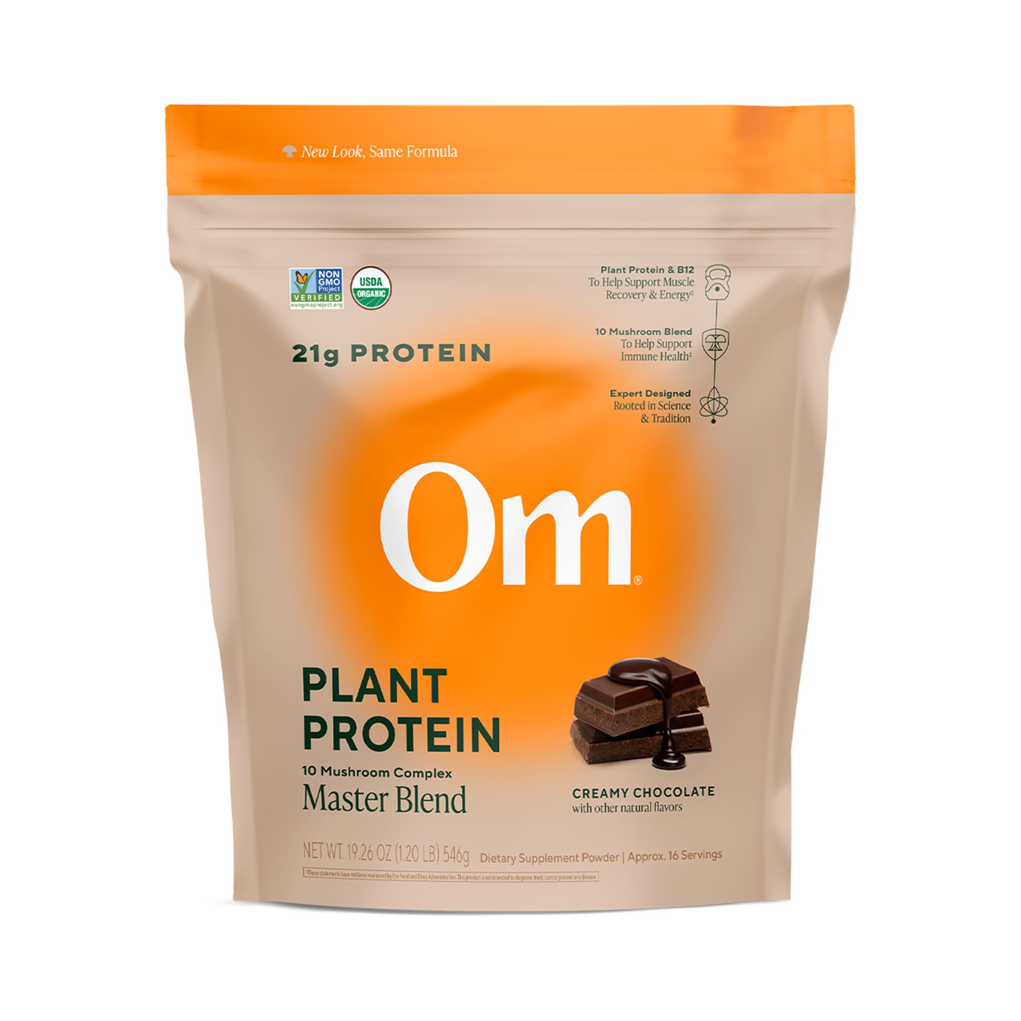 OM Mushroom Master Blend bottle pour for easy daily protein boost.