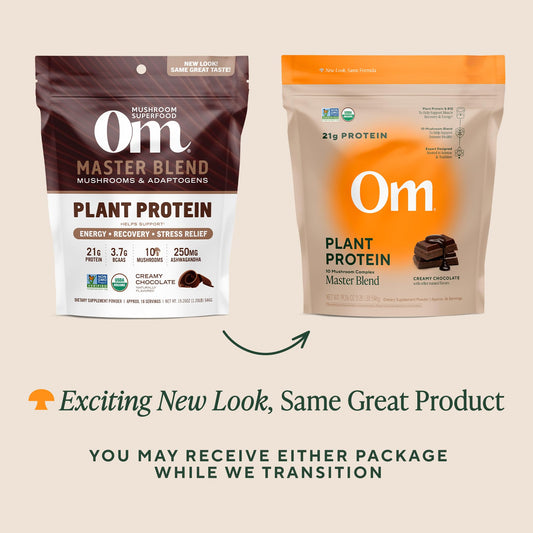 OM Mushroom Master Blend chocolate shake shows creamy plant-based nutrition.
