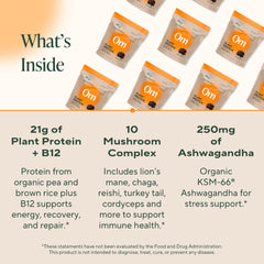 OM Mushroom Master Blend package front highlighting organic vegan protein.