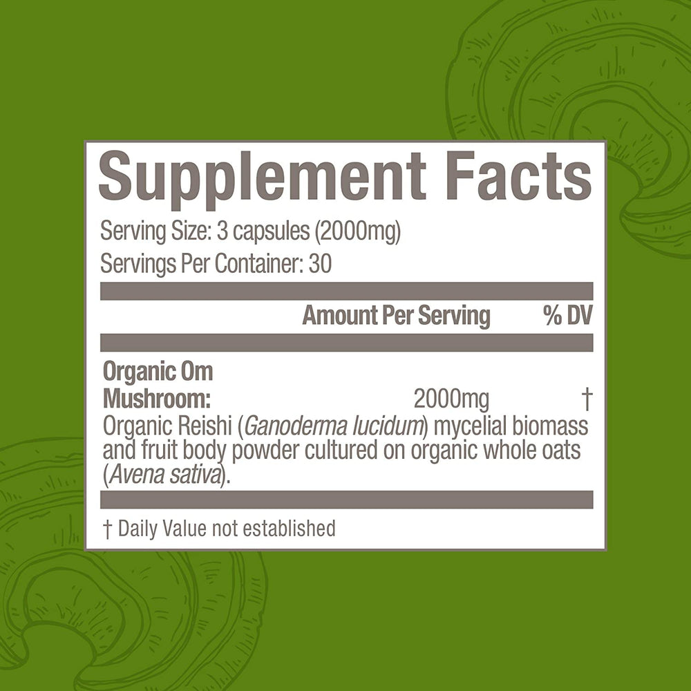 OM Mushroom Reishi capsules bottle on table ready for daily use