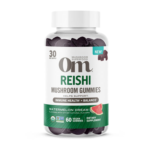 OM MUSHROOM REISHI GUMMIES Watermelon Bottle for convenient daily balance and immune support.