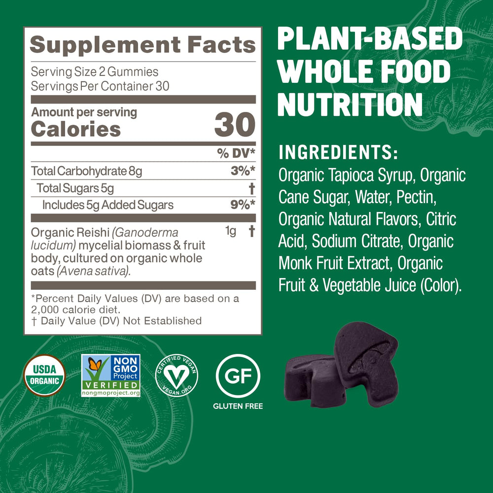OM MUSHROOM REISHI GUMMIES Watermelon Packaging communicates USA grown organic mushrooms.