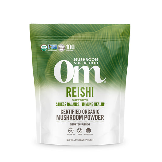 OM MUSHROOM REISHI organic powder in a jar supports a calm daily routine.