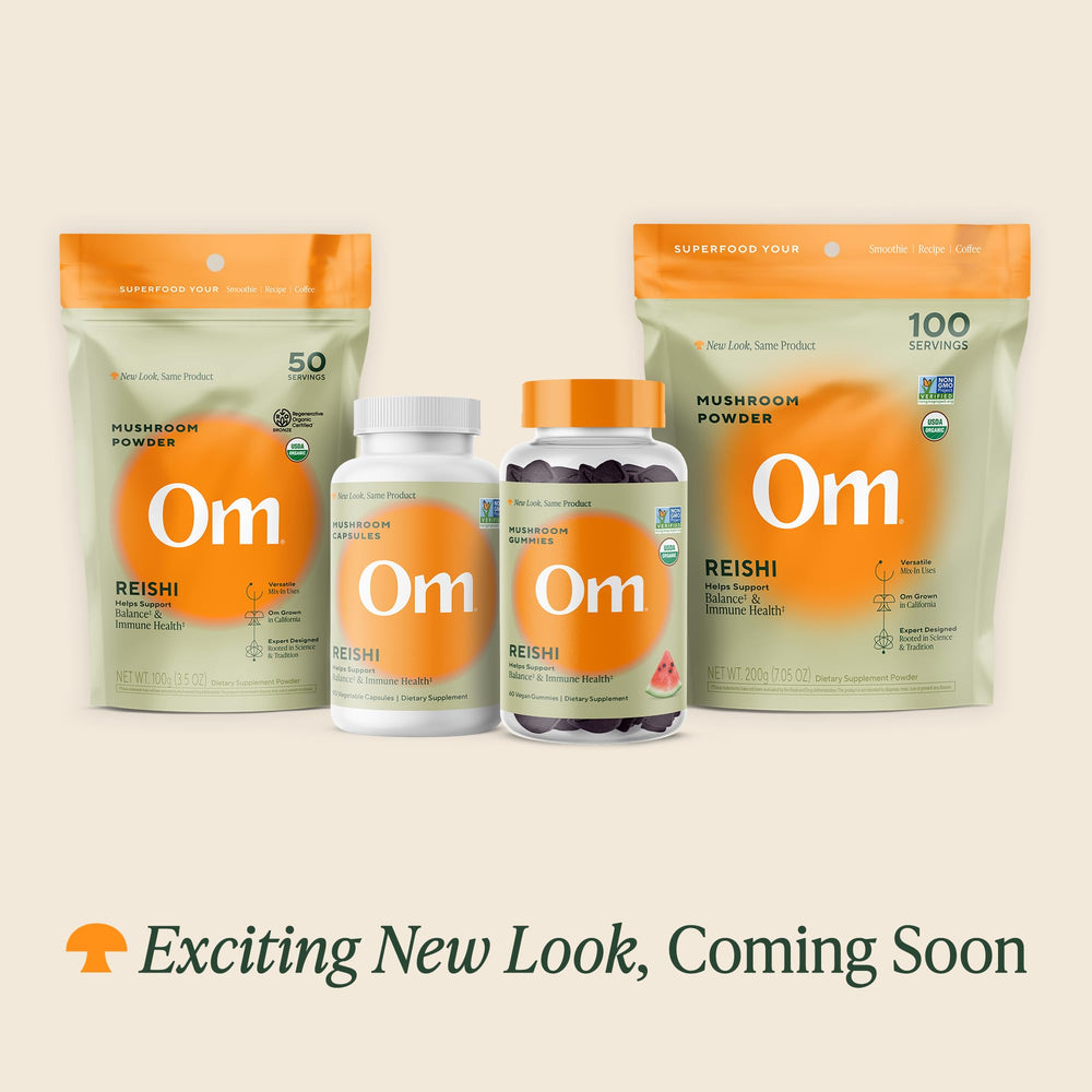 OM Mushroom Reishi powder in bowl showing whole-food extract for wellness