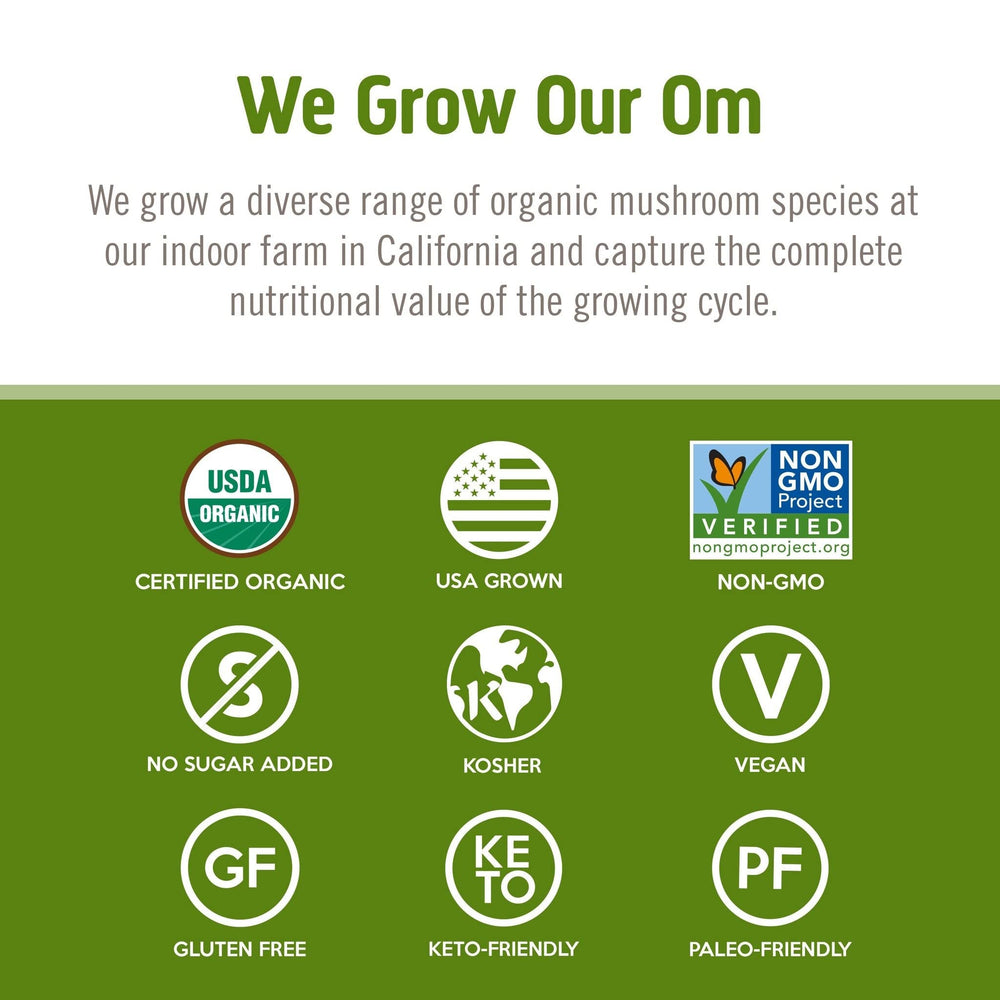 OM MUSHROOM REISHI powder blended into a smoothie for convenience.