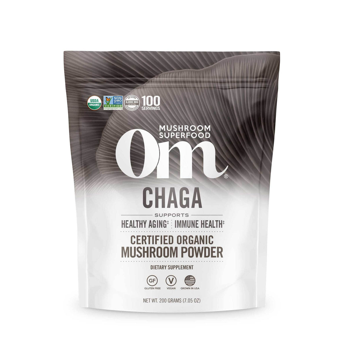 OM Mushroom Superfood Chaga powder jar, antioxidant-rich daily supplement