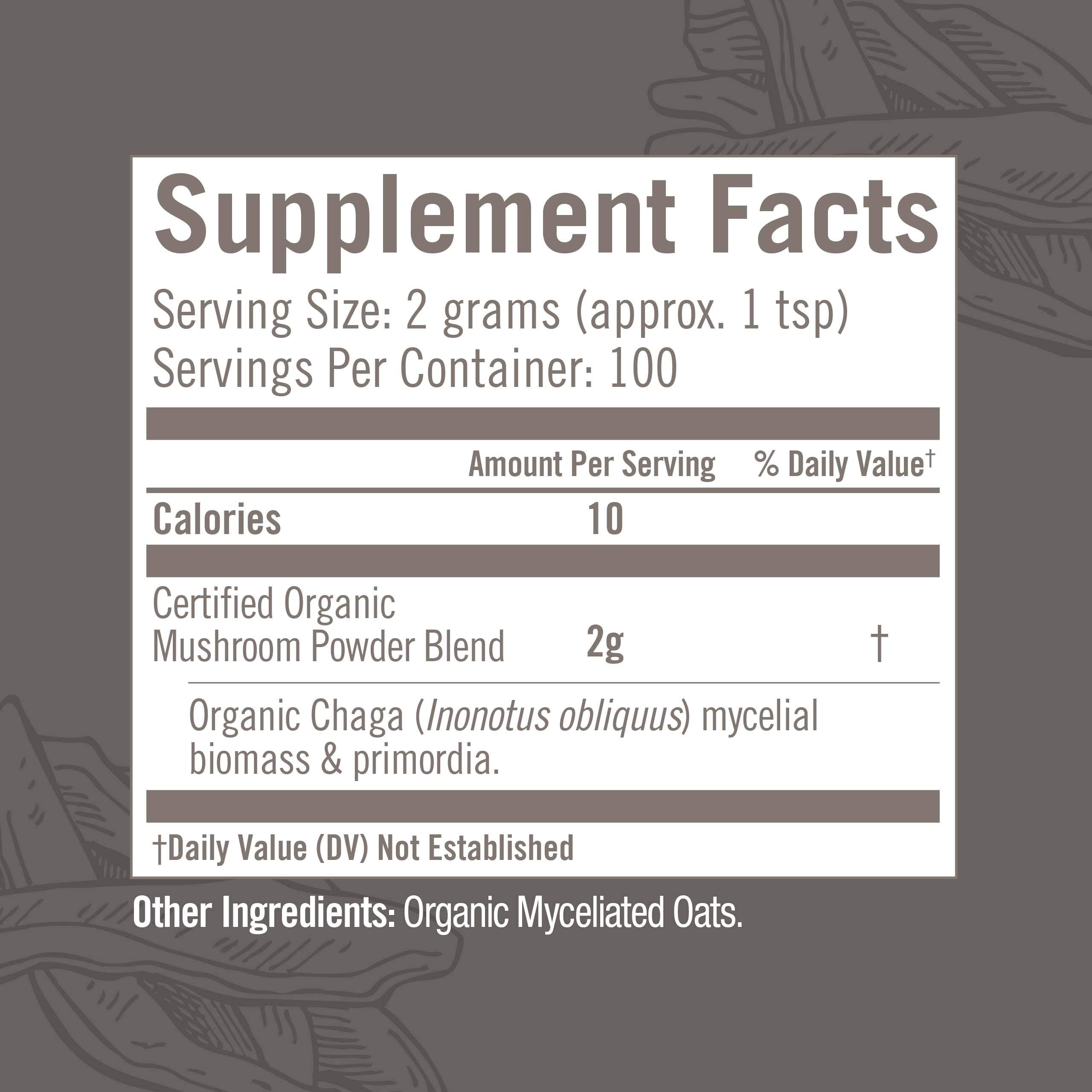 OM Mushroom Superfood Chaga powder packaging label shows organic and vegan credentials