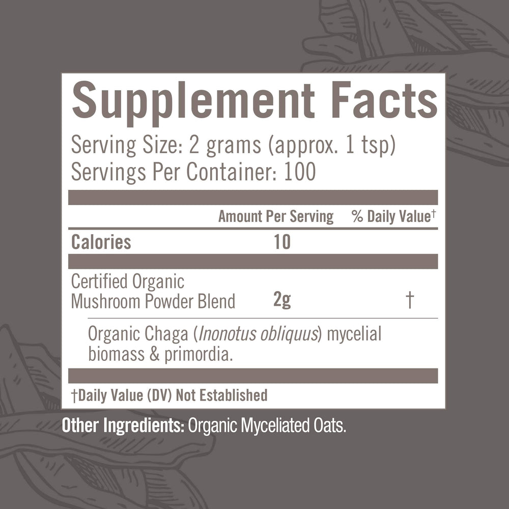 OM Mushroom Superfood Chaga powder packaging label shows organic and vegan credentials