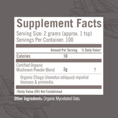 OM Mushroom Superfood Chaga powder packaging label shows organic and vegan credentials