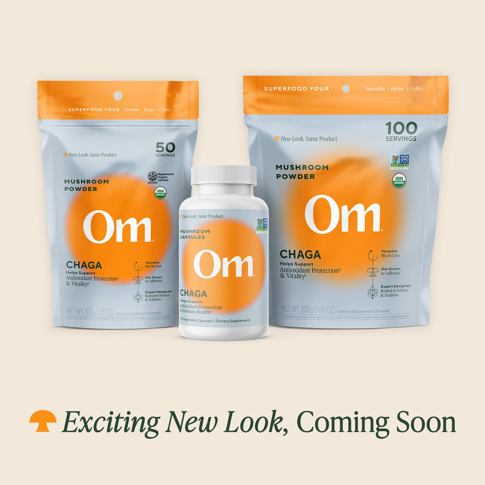OM Mushroom Superfood Chaga powder scoop for easy daily dosing