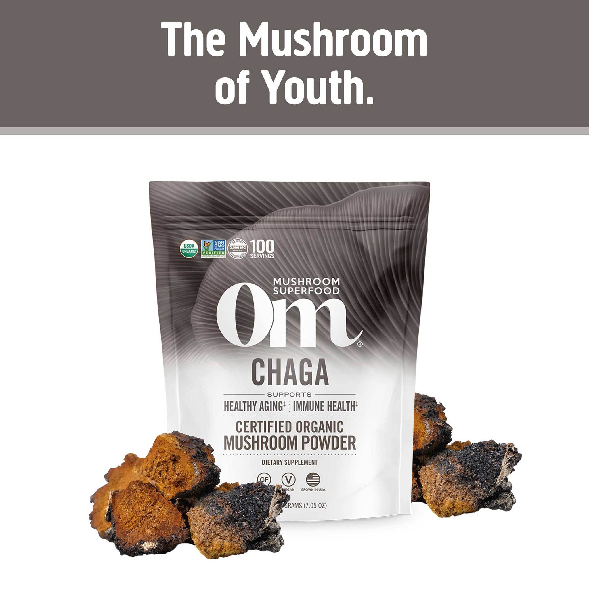 OM Mushroom Superfood Chaga powder texture closeup for smooth blends