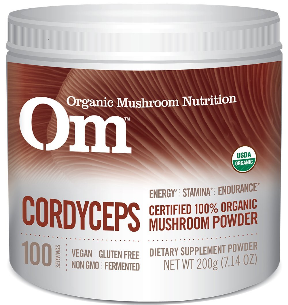 Om Mushroom Superfood Cordyceps powder bottle for daily energy support.