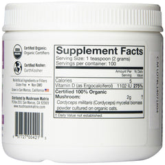 Cordyceps powder scoop beside smoothie for easy daily use with Om.