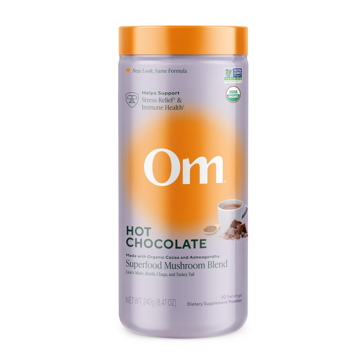 OM Mushroom Superfood hot chocolate canister on a counter, inviting daily ritual