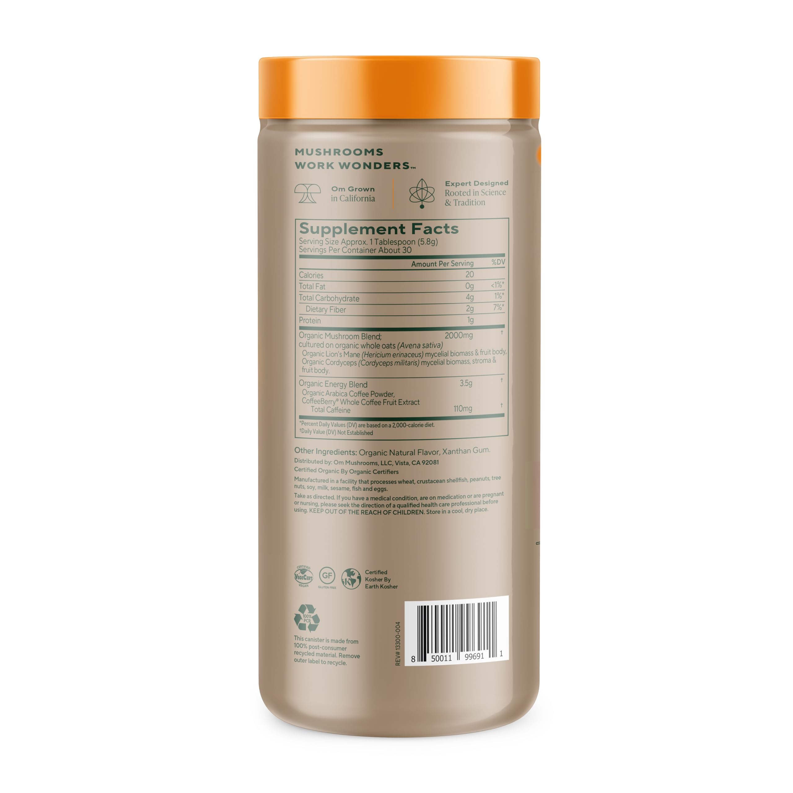 OM Mushroom Superfood instant coffee with Lion's Mane close-up for focus