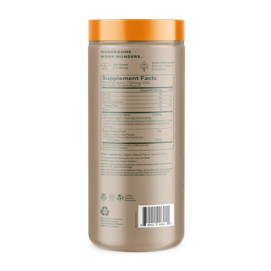 OM Mushroom Superfood instant coffee with Lion's Mane close-up for focus