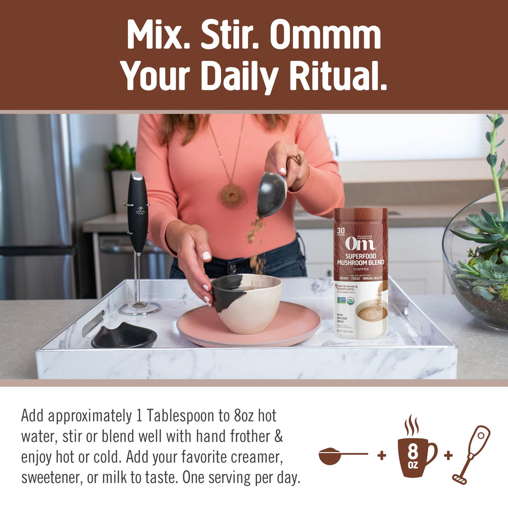 OM Mushroom Superfood instant coffee featuring Reishi for calm clarity