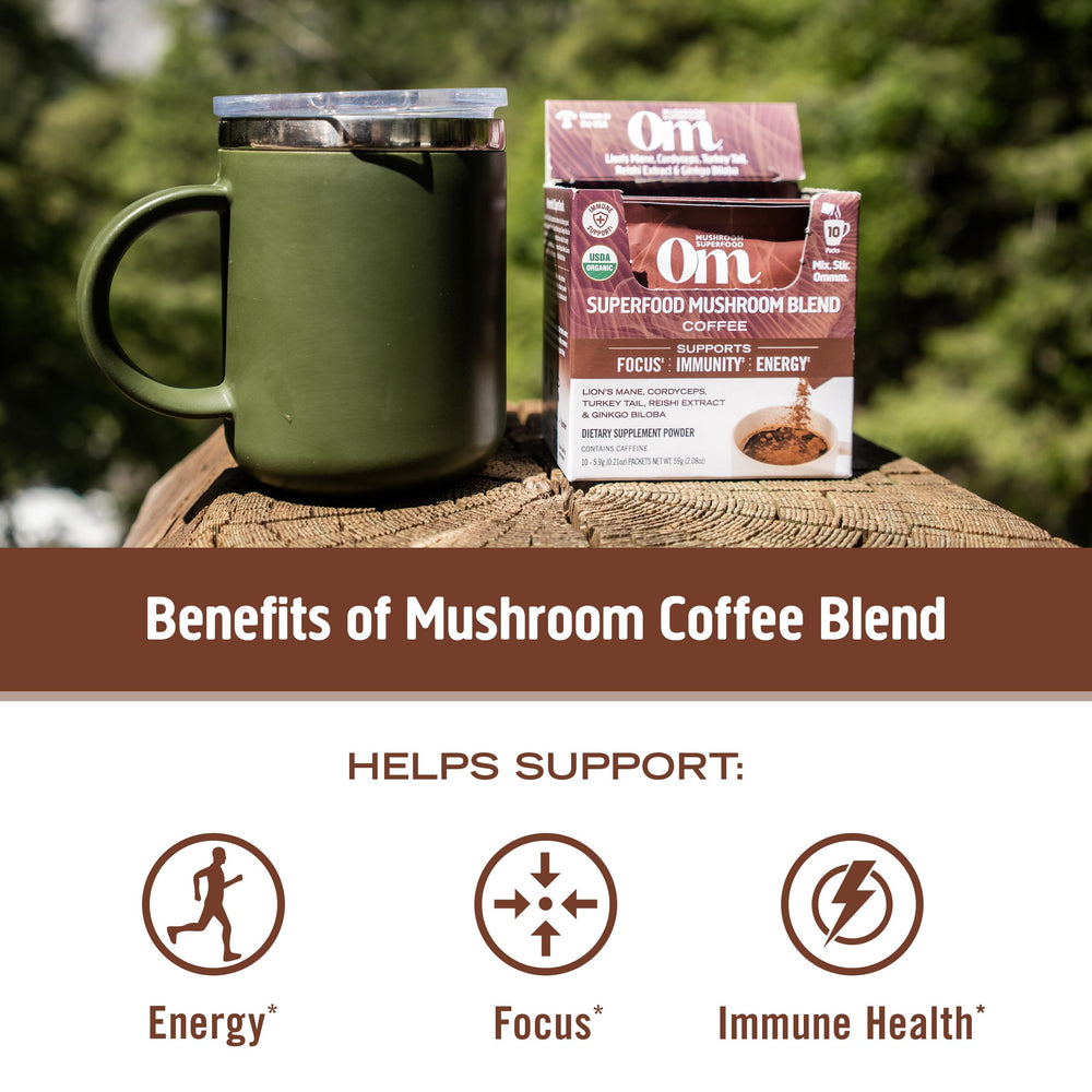 OM Mushroom Superfood instant coffee with Turkey Tail highlighting immune support