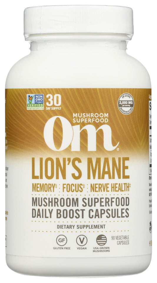 OM Mushroom Superfood Lions Mane capsules offer focus support and mood balance.