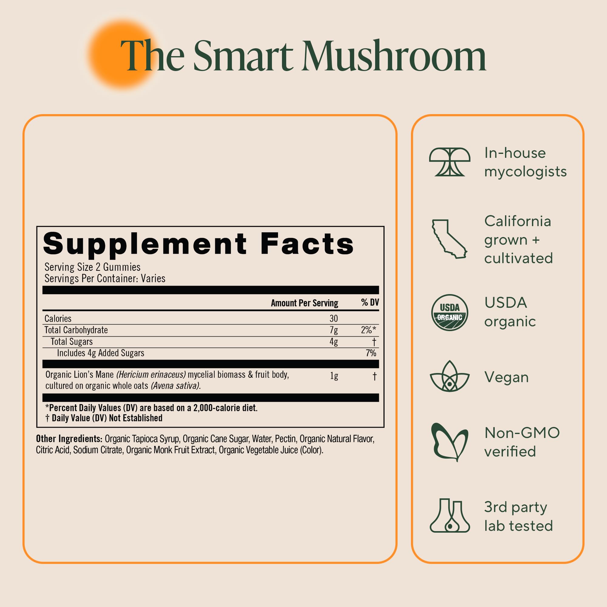 30 servings per bottle shown for OM Lion’s Mane Gummies