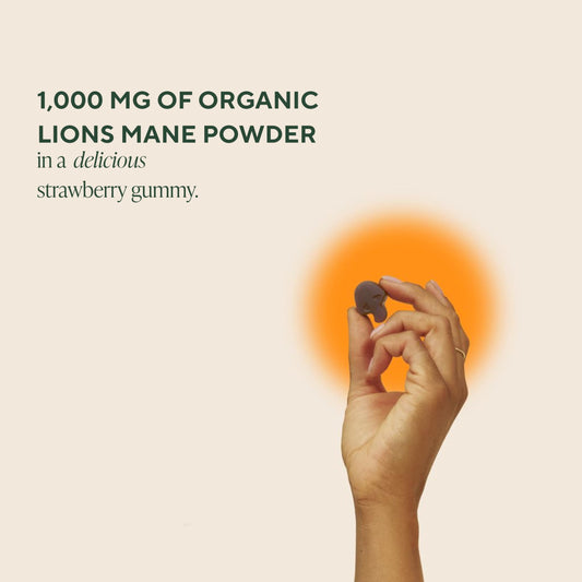 Lions Mane Gummies with organic ingredients by OM Mushroom Superfood highlighting full-spectrum formula