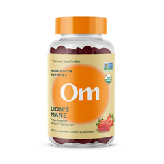 OM Mushroom Superfood Lion’s Mane Gummies with strawberry flavor for enhanced focus