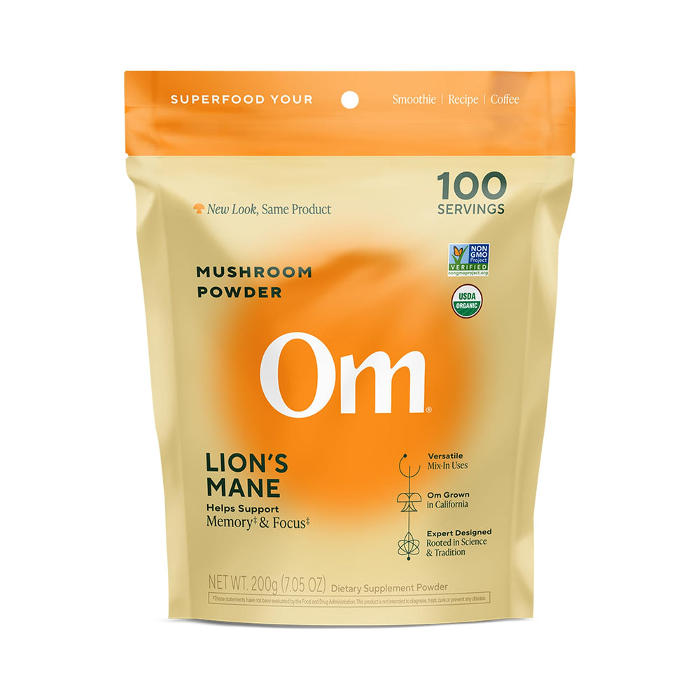 OM MUSHROOM SUPERFOOD Lions Mane powder bottle for focus and memory.