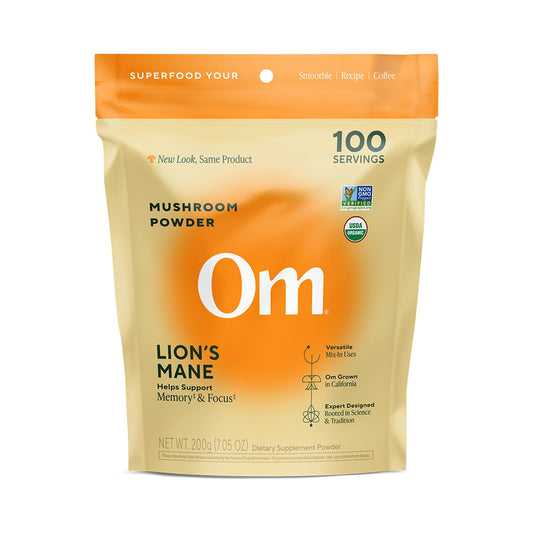 OM MUSHROOM SUPERFOOD Lions Mane powder bottle for focus and memory.
