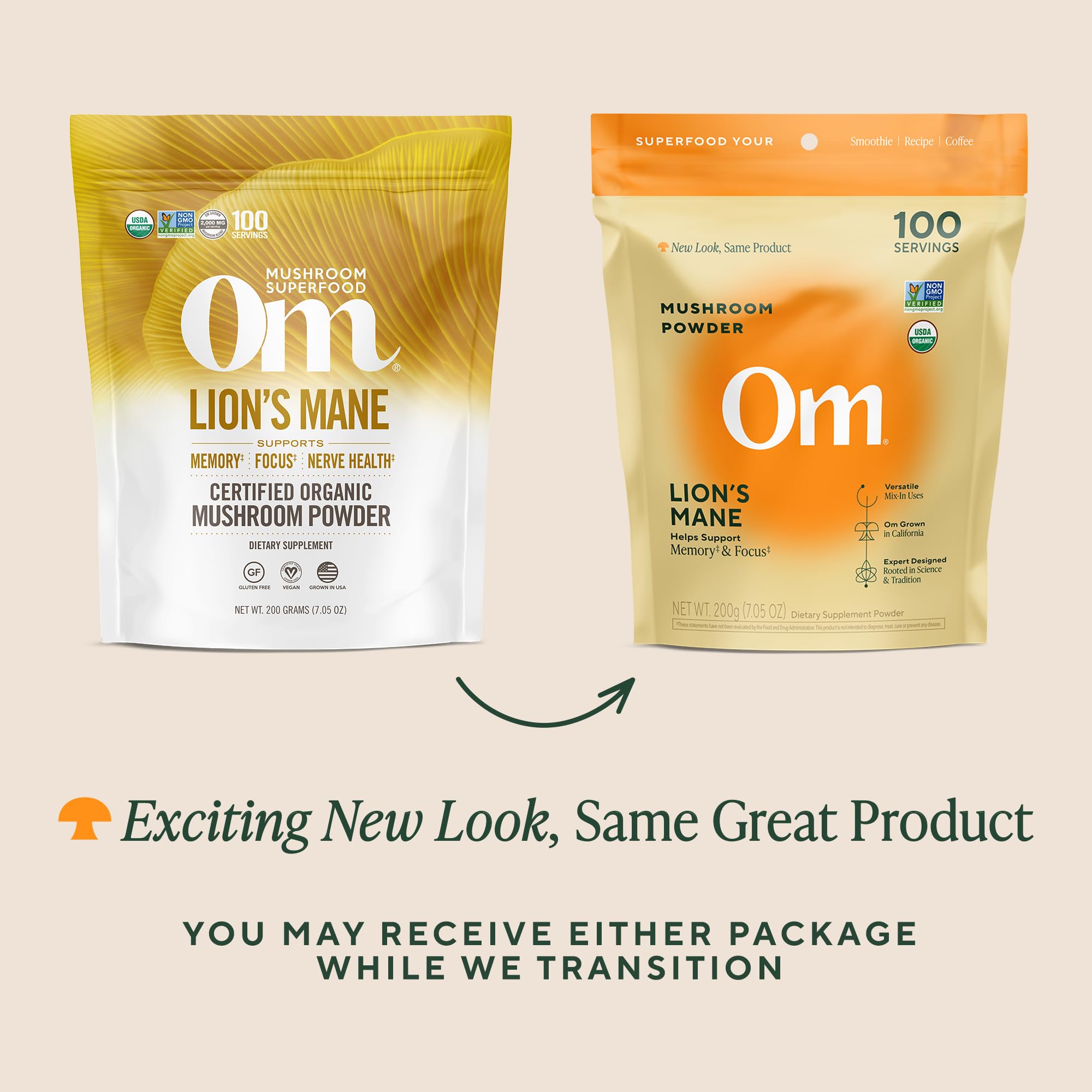 OM MUSHROOM SUPERFOOD Lions Mane powder in smoothie for daily focus.