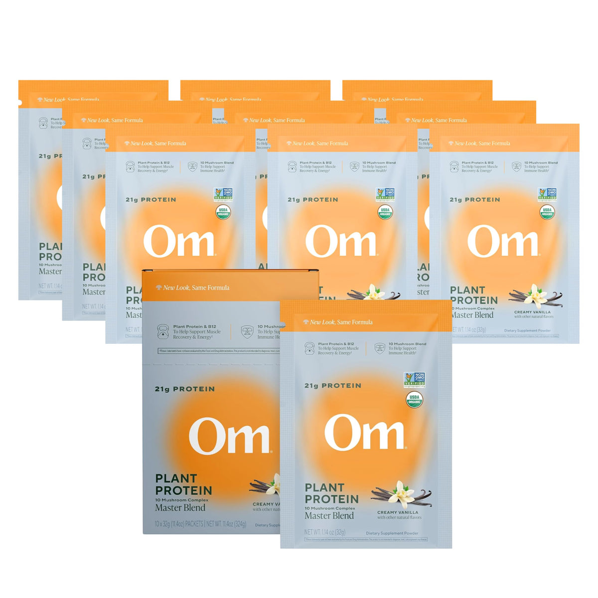 OM Mushroom Superfood Master Blend vanilla protein scoop for clean energy and daily nutrition.