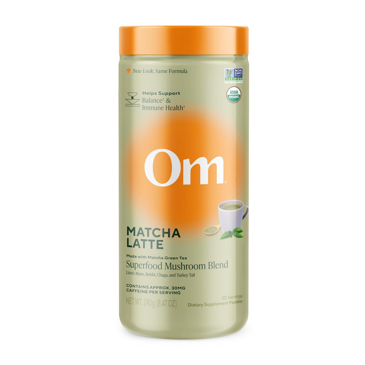 OM MUSHROOM SUPERFOOD Matcha Latte Blend canister front label for brand clarity and trust