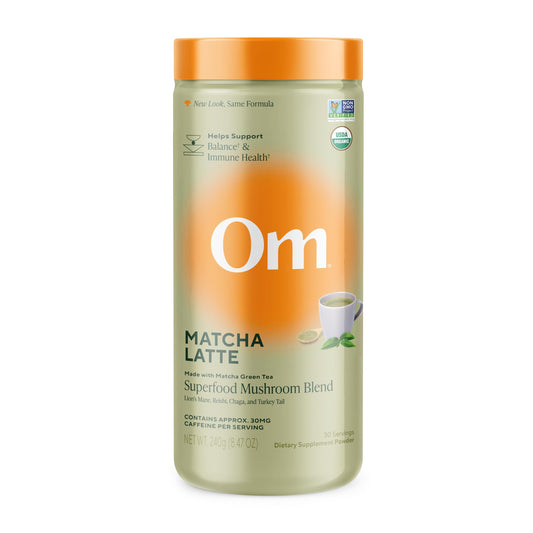 OM MUSHROOM SUPERFOOD Matcha Latte Blend canister front label for brand clarity and trust