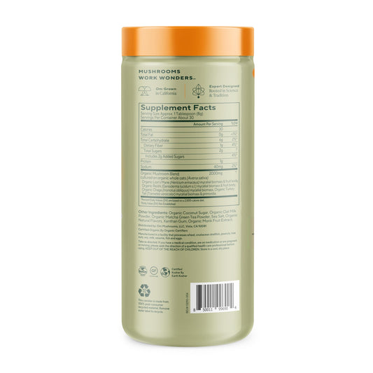 OM MUSHROOM SUPERFOOD Matcha Latte Blend scoop highlights easy measuring for quick mornings