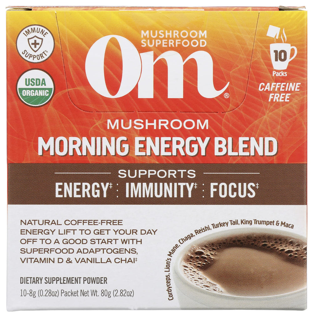 OM Mushroom Superfood Morning Energy Blend powder for caffeine-free morning energy and focus