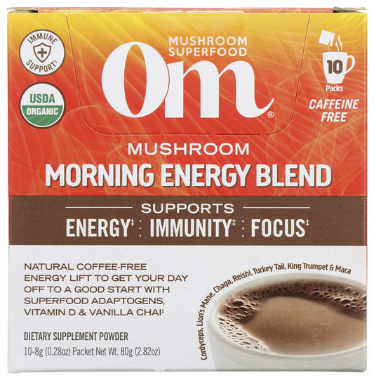 OM Mushroom Superfood Morning Energy Blend powder for caffeine-free morning energy and focus