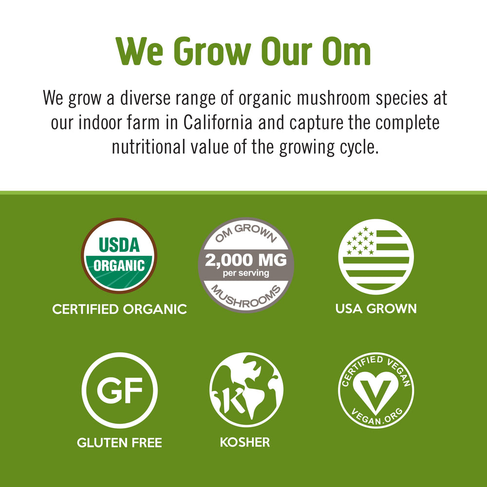 OM MUSHROOM SUPERFOOD Mushroom powder closeup emphasizes earthy aroma and immune-supportive wellness potential