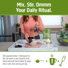 OM MUSHROOM SUPERFOOD oat milk powder packaging demonstrates creamy latte base for everyday enjoyment