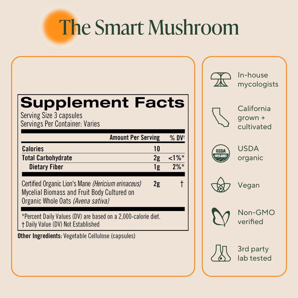 OM Mushroom Superfood organic ingredients visual for clean, plant-based nootropics.
