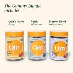 OM Mushroom Superfood Reishi Relax gummies promoting calm and relaxed evenings.