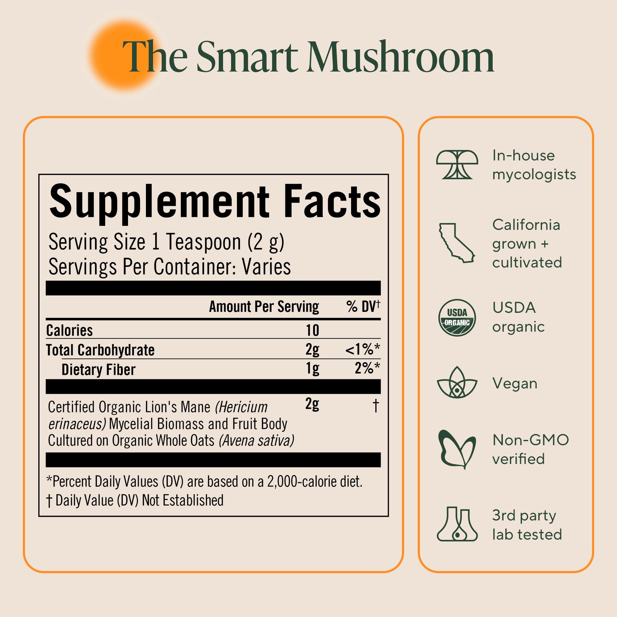 OM MUSHROOM SUPERFOOD serving size card notes about 100 servings.