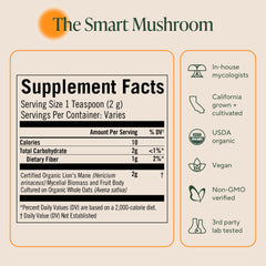 OM MUSHROOM SUPERFOOD serving size card notes about 100 servings.