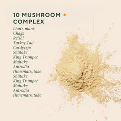 OM Mushroom 10-mushroom complex bottle highlighting full mushroom spectrum for immune and energy support.
