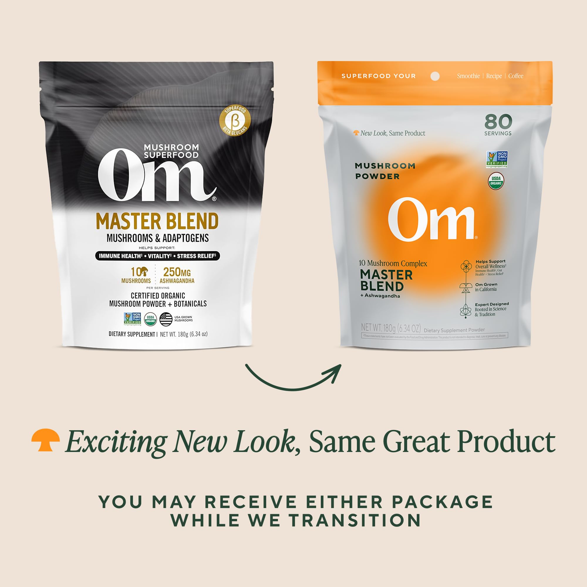 OM Mushrooms Master Blend label emphasizing 80 servings per pouch